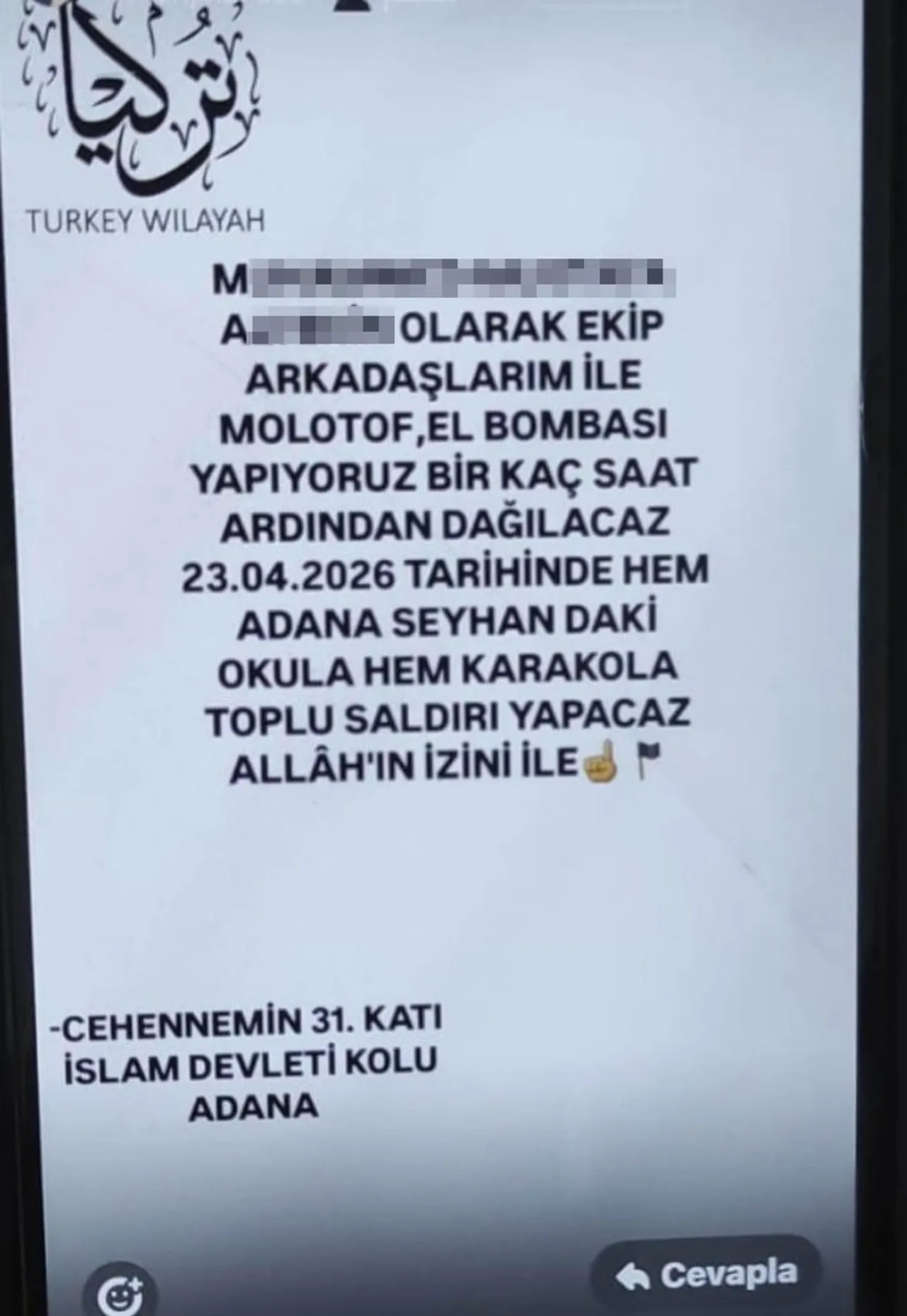 "Okula ve karakola saldıracağız" paylaşımı sonrası ekipler harekete geçti! Adana'da 1 kişi gözaltına alındı