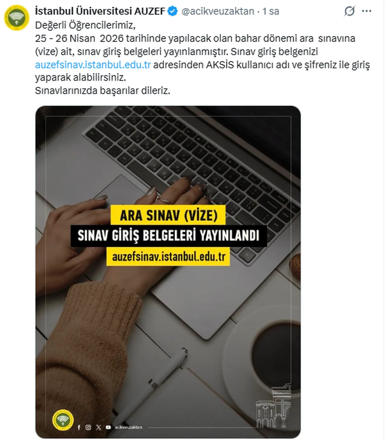 AUZEF sınav giriş belgesi yayımlandı! Bahar dönemi ara  sınav (vize) giriş belgesi sorgulama