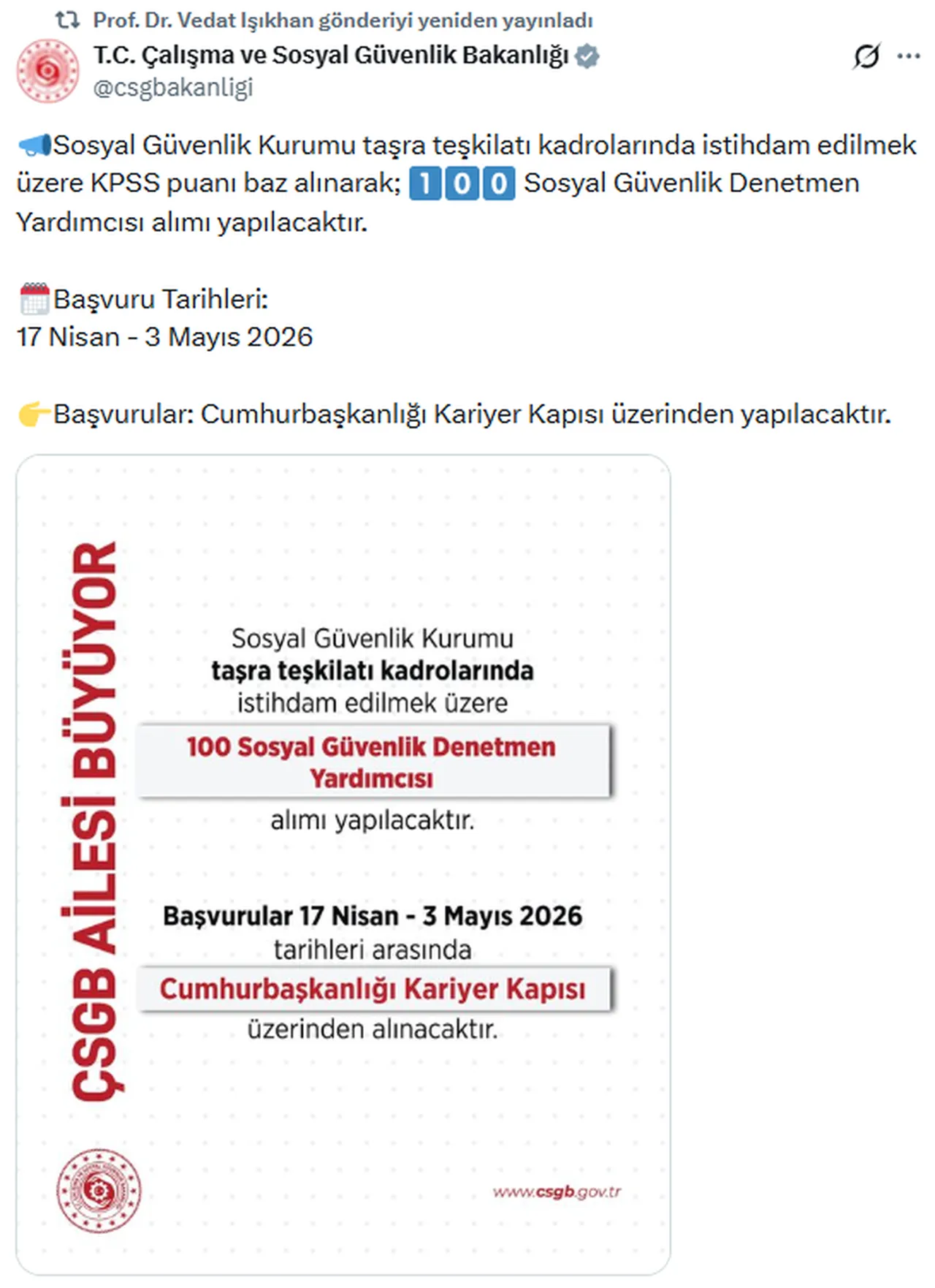 Sosyal Güvenlik Kurumu (SGK), 100 sosyal güvenlik denetmen yardımcısı alacak