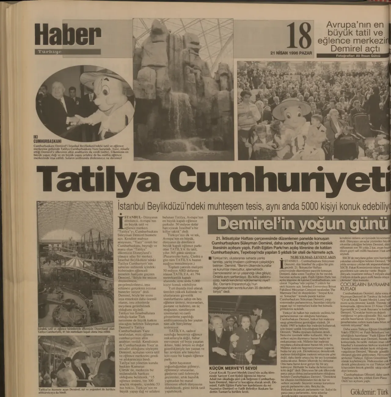21 Nisan 1996 tarihli Türkiye gazetesi - Tatilya açılış haberi