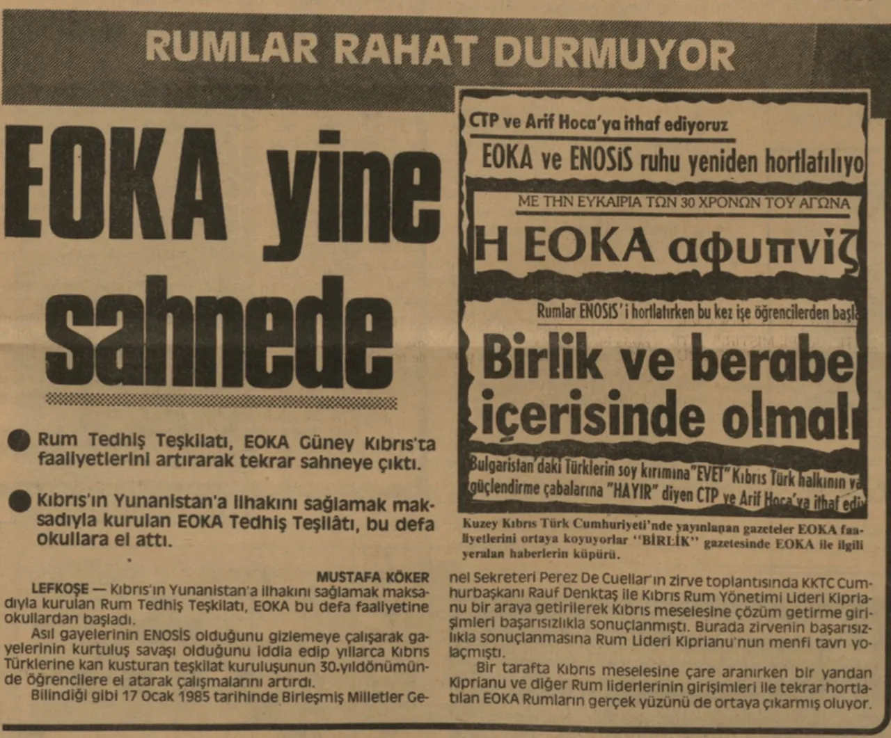 1 Mayıs 1985 tarihli haber - Türkiye gazetesi