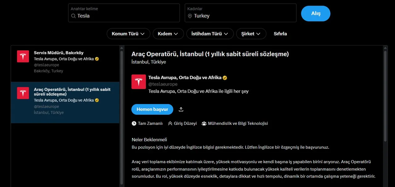 Tesla'nın Türkiye'de verdiği iş ilanı