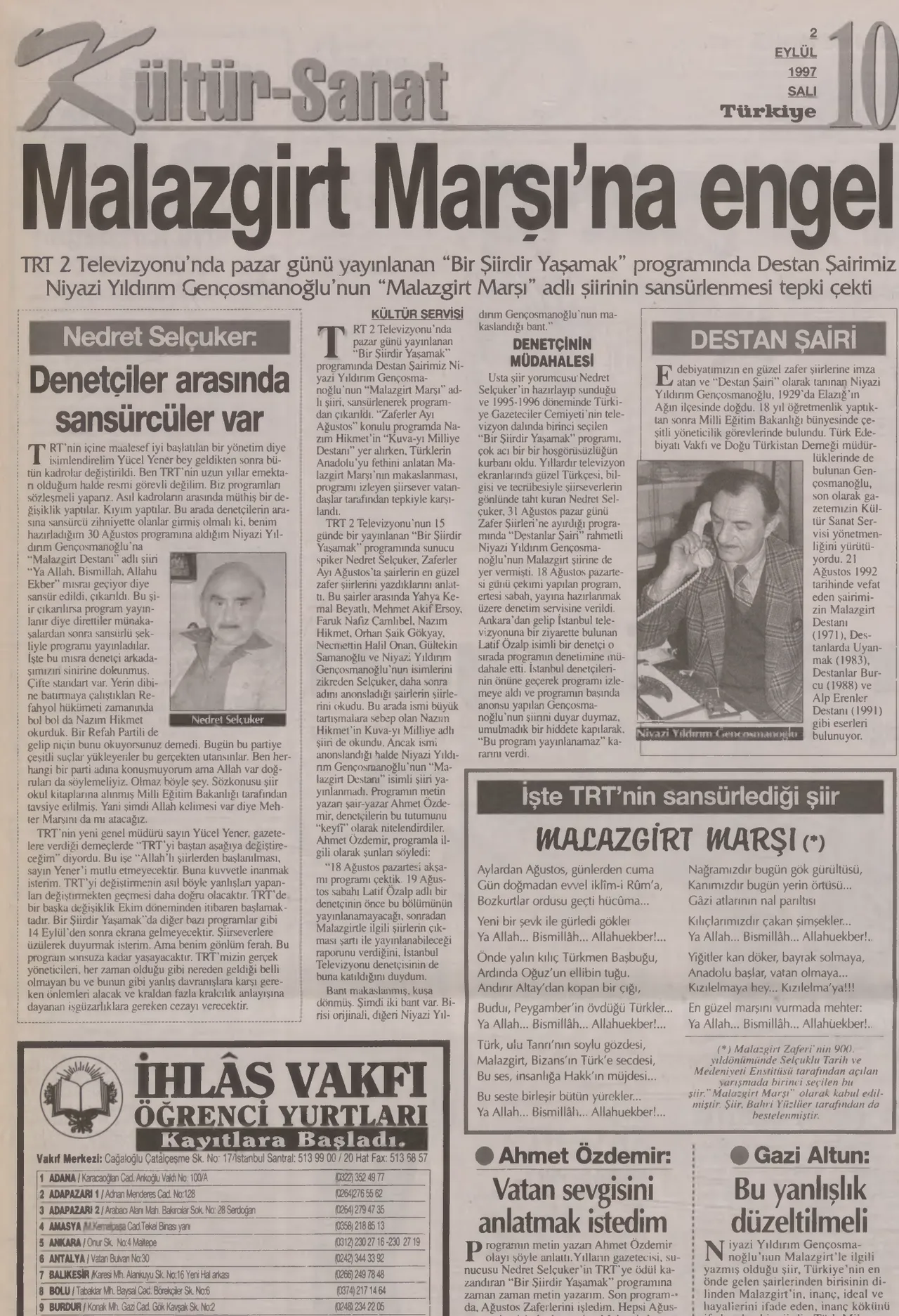 Niyazi Yıldırım Gençosmanoğlu hakkında, Türkiye Gazetesi'nde çıkan bir haber (1997)