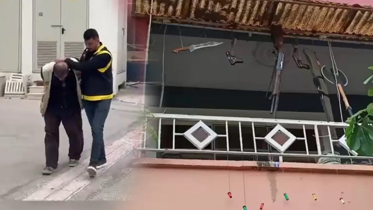 Hatay'da akılalmaz görüntü! Balkonda silah, balta ve kılıç sergiledi