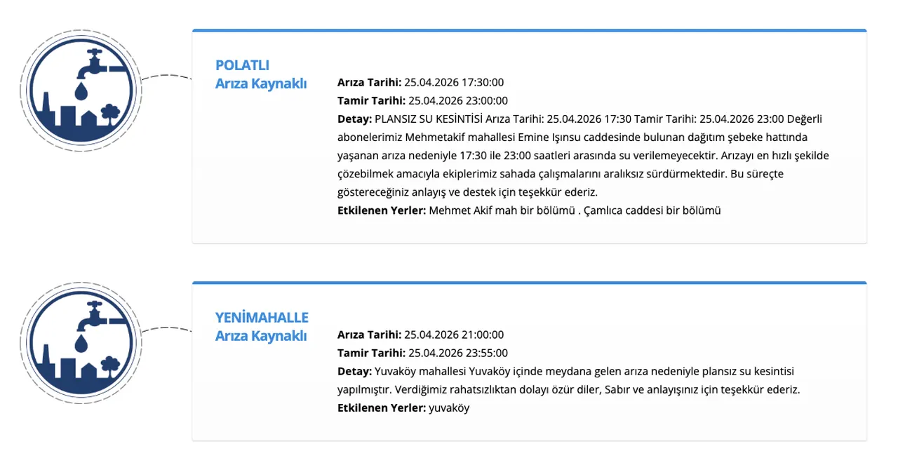 ASKİ su kesintisi 25 Nisan 2026: Ankara Polatlı ve Yenimahalle'de sular ne zaman gelecek?
