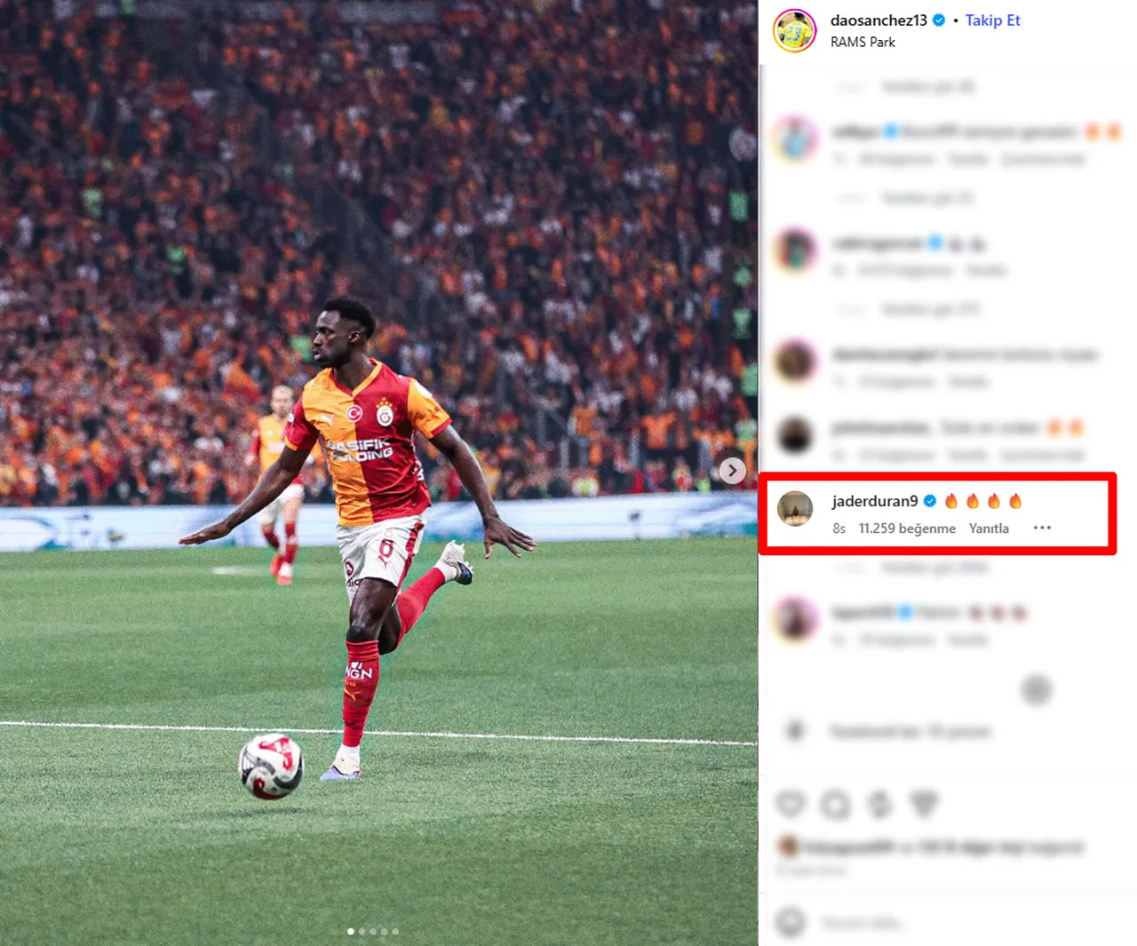 Duran'ın, Davinson Sanchez'in paylaşımına  yaptığı yorum.