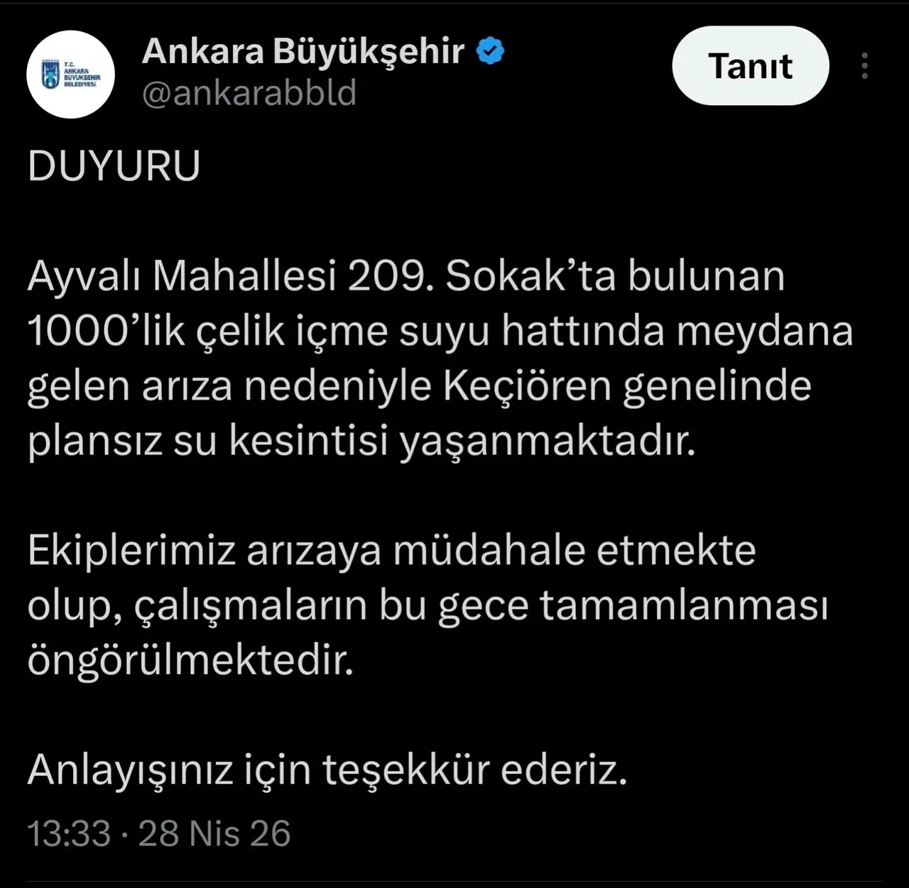 Ankaranın birçok ilçesinde (Keçiören, Ayaş, Kalecik, Sincan...) su kesintisi! Sular ne zaman gelecek?