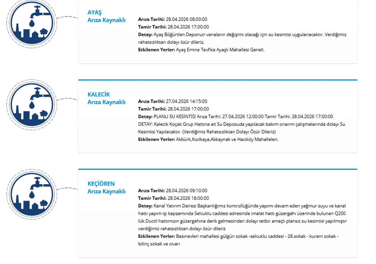 Ankaranın birçok ilçesinde (Keçiören, Ayaş, Kalecik, Sincan...) su kesintisi! Sular ne zaman gelecek?