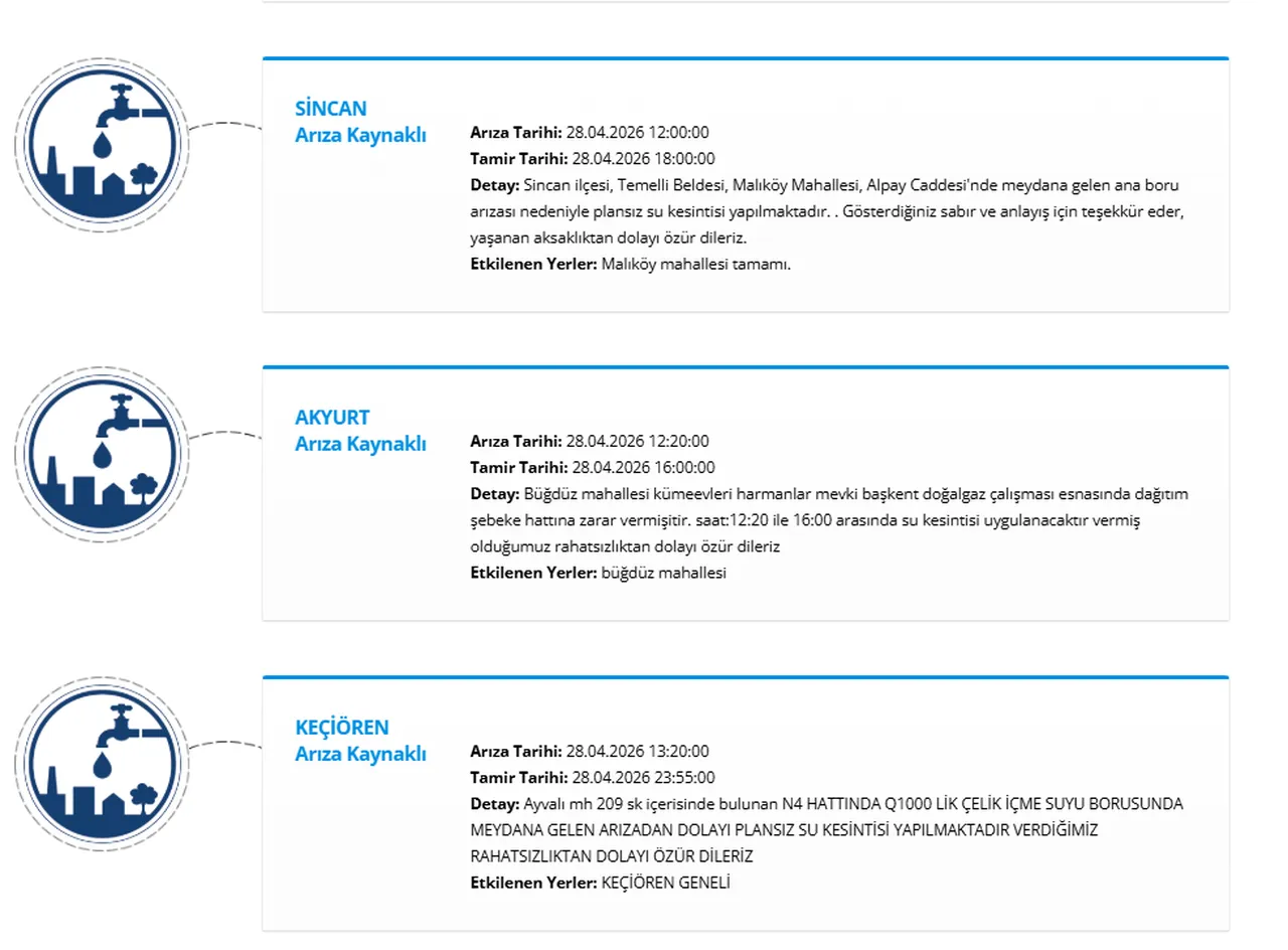 Ankaranın birçok ilçesinde (Keçiören, Ayaş, Kalecik, Sincan...) su kesintisi! Sular ne zaman gelecek?