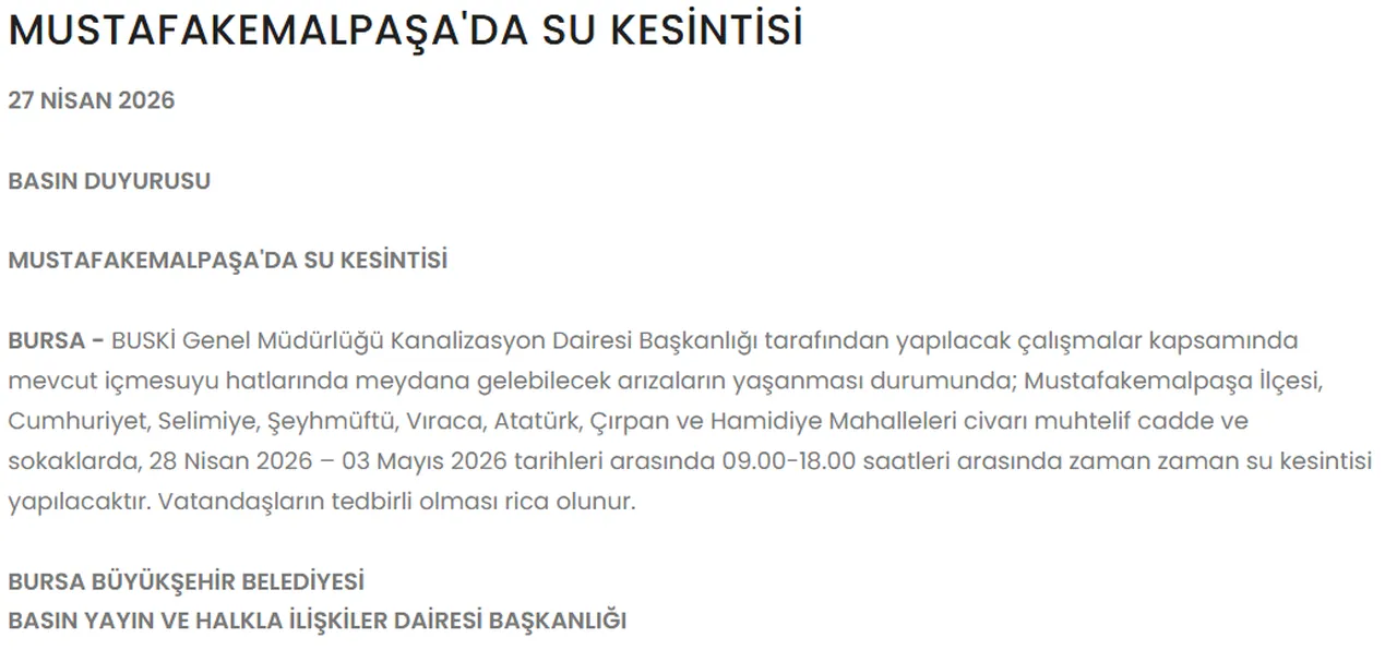 Bursa MustafaKemalpaşada 6 gün aralıklı su kesintisi yaşanacak! Bursada sular ne zaman gelecek?
