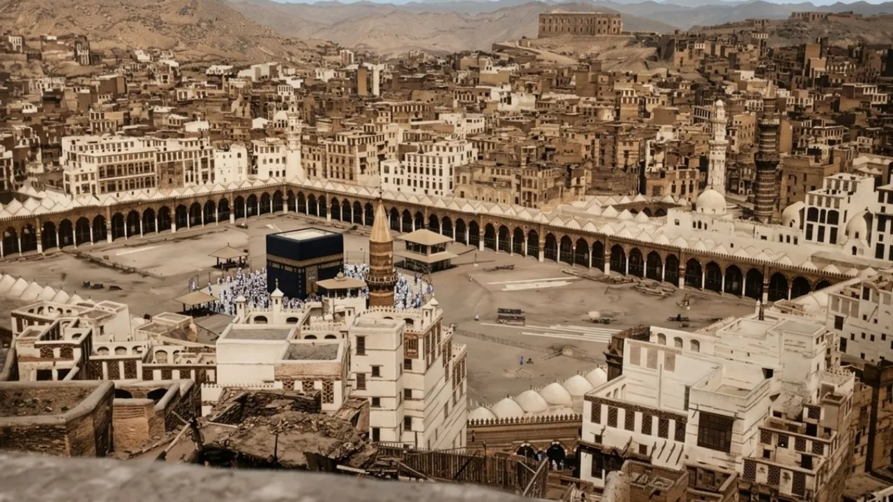 Kâbe'nin ilk fotoğraflarından biri - 1880 (Not: Yapay zeka yöntemiyle renklendirilmiştir)