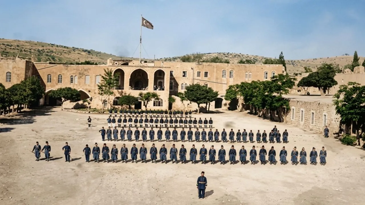 Beytüddin Hükümet Konağı ve Osmanlı askerleri (Yapay zeka yö