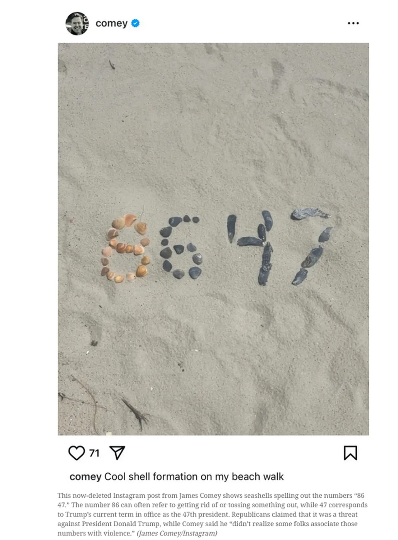 Trump, 2017 yılının mayıs ayında, Rusya ile seçim kampanyası arasındaki muhtemel bağlara yönelik yürütülen FBI soruşturması sürerken Comey’in görevine son vermişti. Yıllar sonra gelen bu yeni iddianame, Comey’in paylaştığı bir fotoğrafla ilgili. Fotoğrafta, deniz kabuklarıyla "86 47" yazdığı görülüyor. Yetkililer, bu sayı diziliminin Başkan Trump’a yönelik bir tehdit teşkil ettiğini savunuyor.