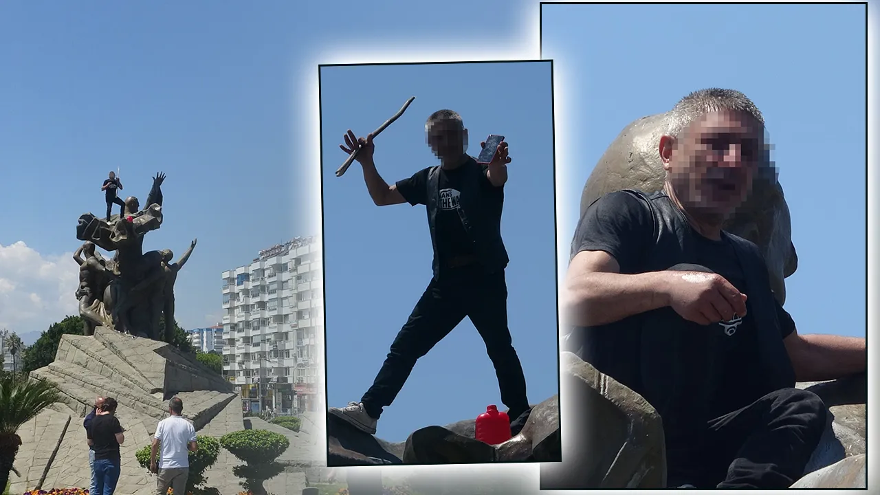 Gören polisi aradı! 6 metrelik anıtta benzin bidonlu dans! 2 saat sonra ikna oldu 