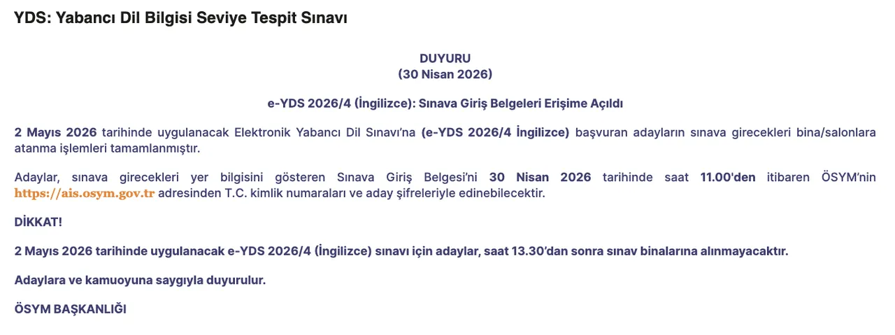 e-YDS 2026/4 (İngilizce) sınav giriş belgeleri erişime açıldı! Sınav ne zaman, sonuçlar ne zaman açıklanacak?