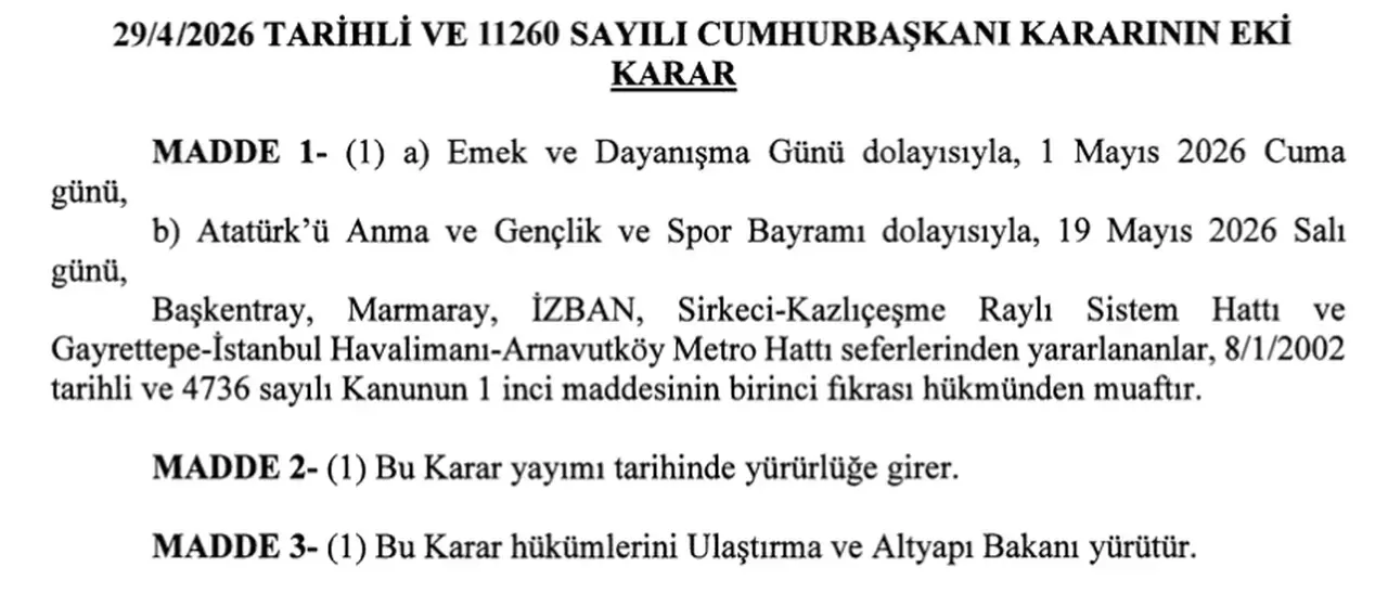 Resmi Gazete'de yayımlandı: 1 Mayıs ve 19 Mayıs'ta ulaşım ücretsiz olacak