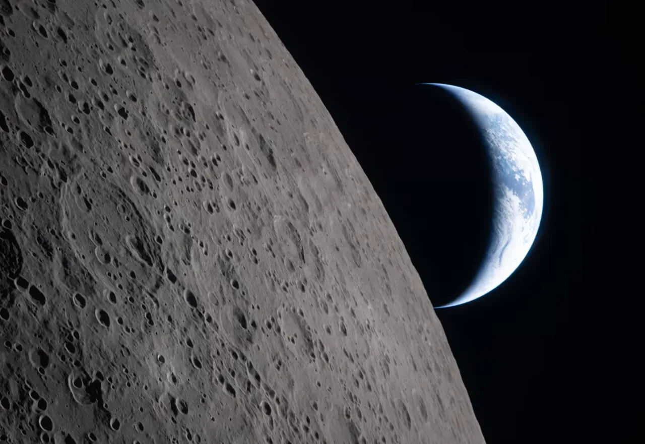 Ay’ın ufku boyunca hilal şeklinde batan Dünya görüntüsü.