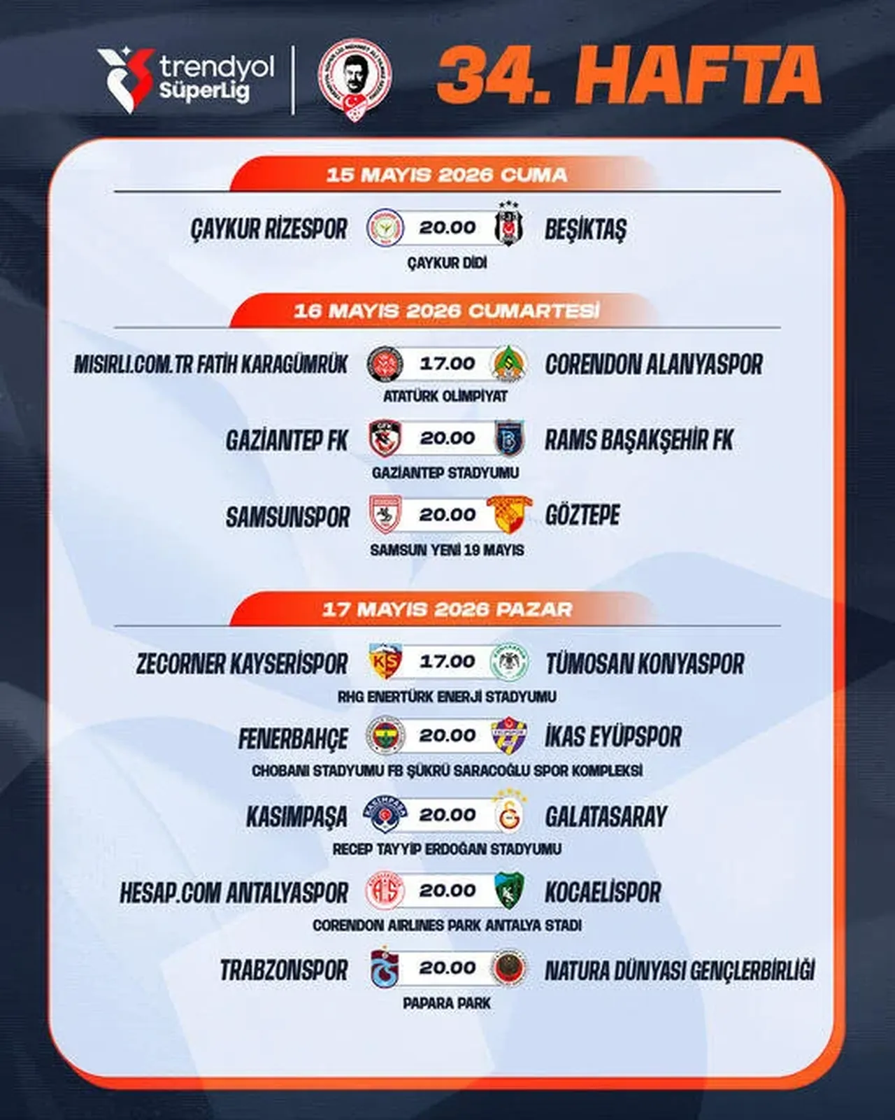 Trendyol Süper Lig'de 34. ve son hafta oynanacak müsabakaların programı