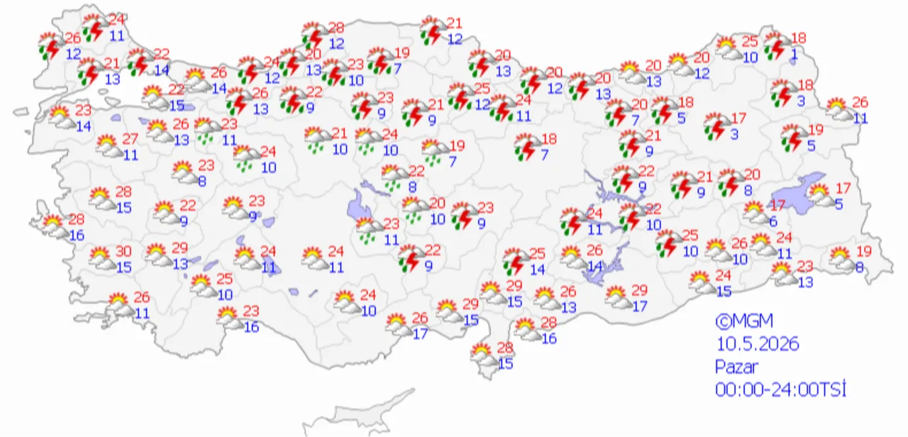Meteoroloji Genel Müdürülüğü'nden  10-14 Mayıs hava tahmin haritası