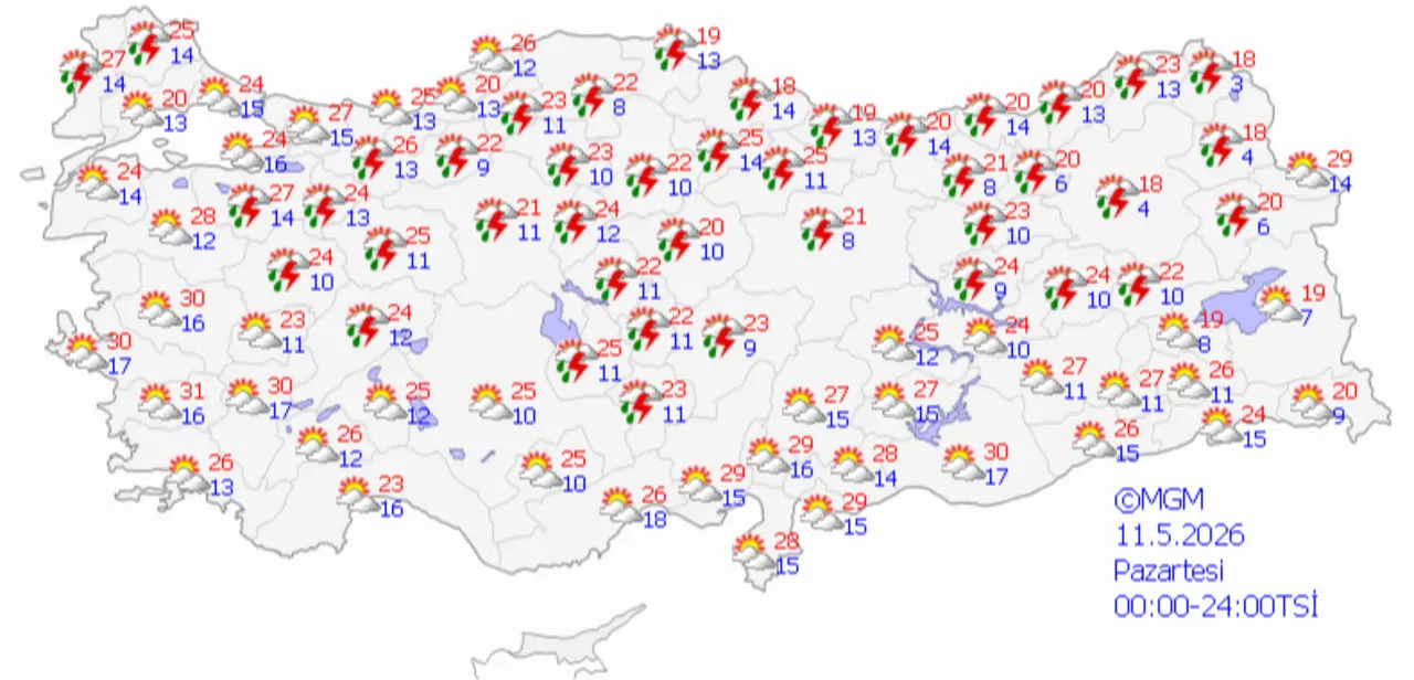 Meteoroloji Genel Müdürülüğü'nden  10-14 Mayıs hava tahmin haritası