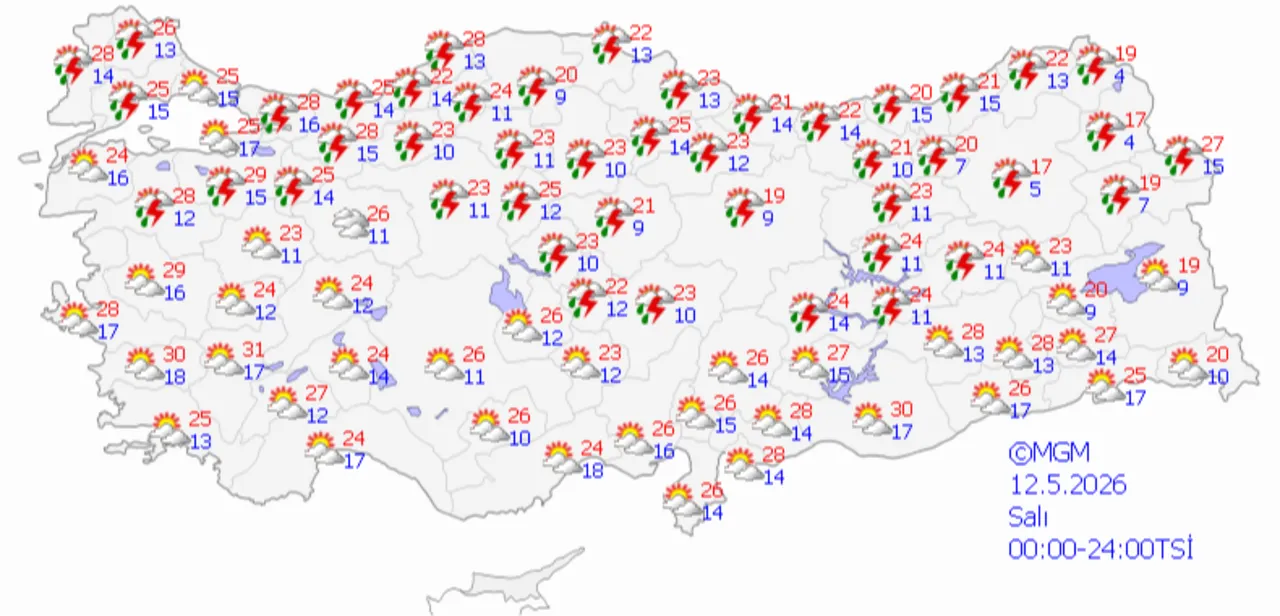 Meteoroloji Genel Müdürülüğü'nden  10-14 Mayıs hava tahmin haritası