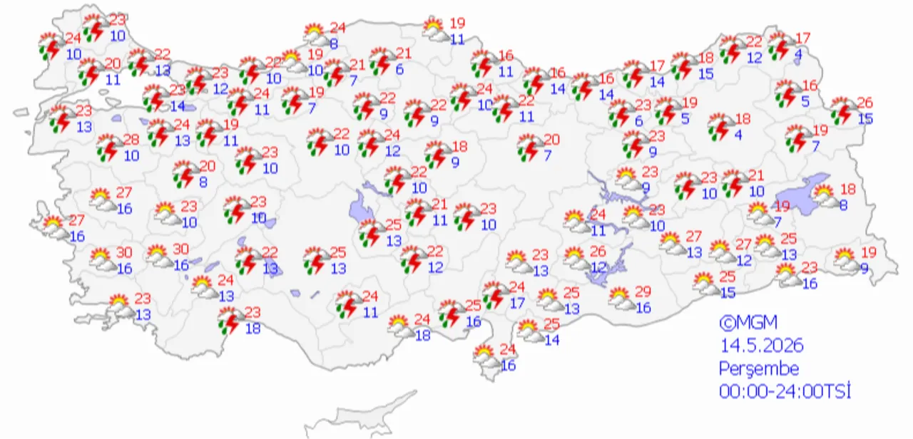 Meteoroloji Genel Müdürülüğü'nden  10-14 Mayıs hava tahmin haritası