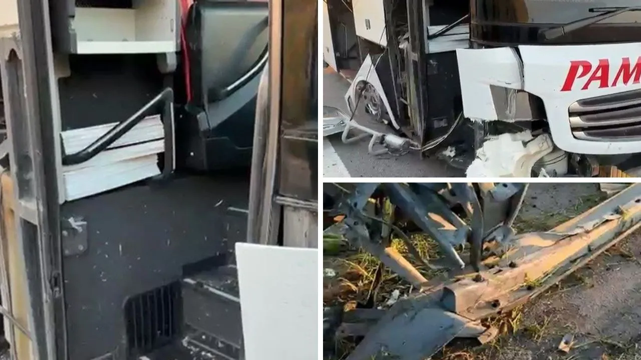 Yolcu otobüsünün lastiği patladı! Muavin kopan kapıdan aşağı uçtu