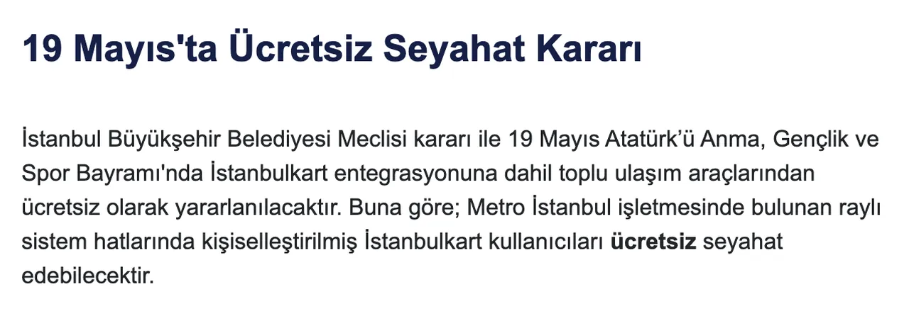 Bugün metro, marmaray, metrobüs, otobüs ücretsiz mi? 19 Mayıs ücretsiz toplu taşıma düzenlemesi