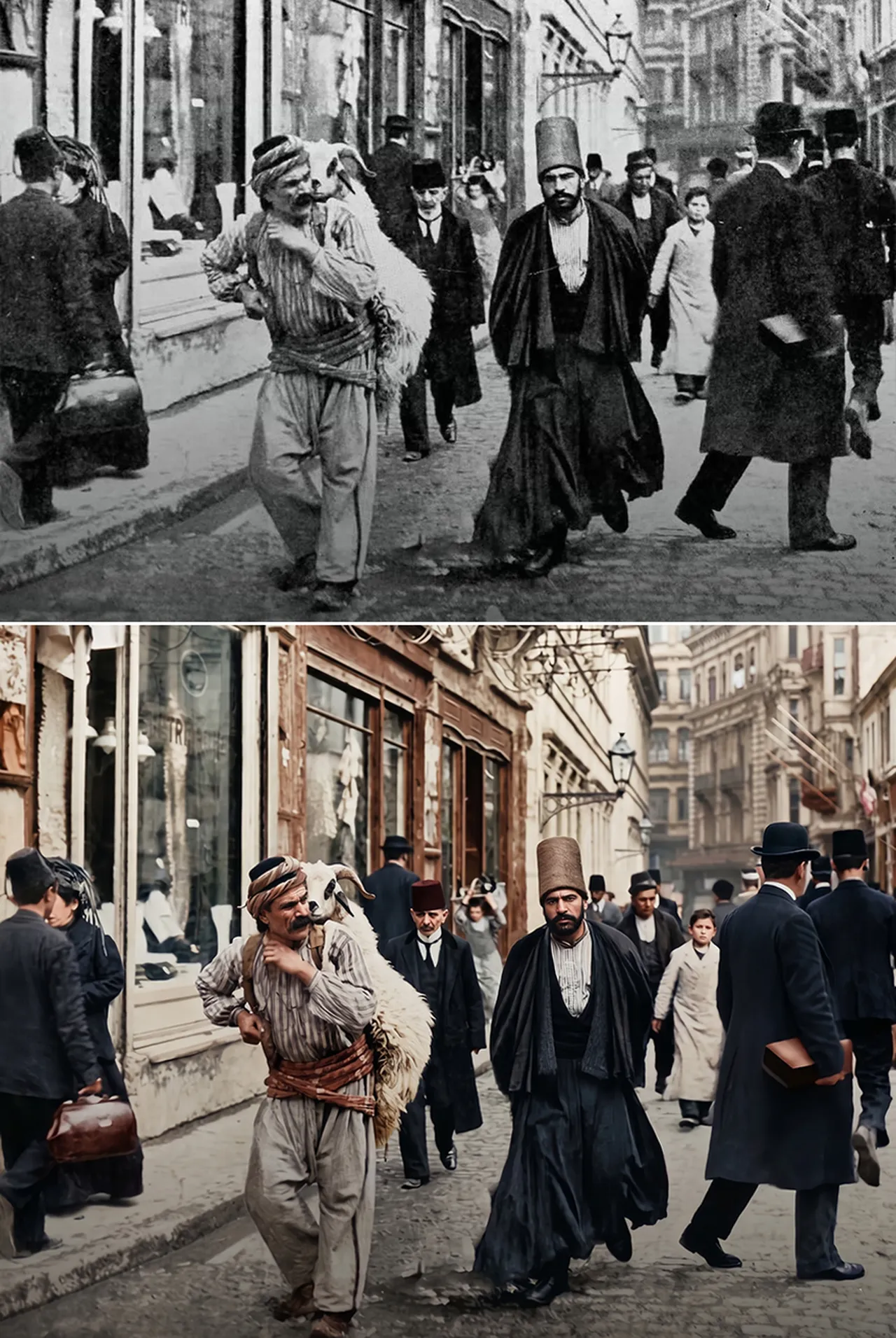 Beyoğlu - Kurbanını sırtında taşıyan Osmanlı - Yapay zeka ile renklendirilmiştir.