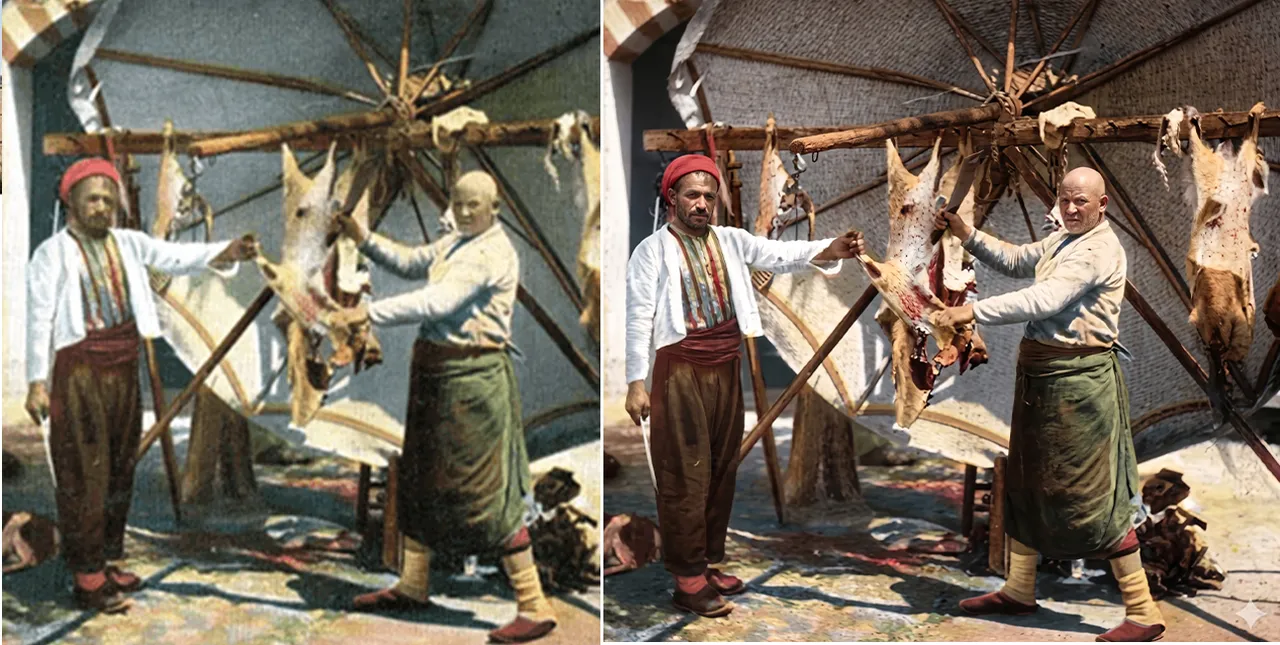 Osmanlı kasapları - Yapay zeka ile renklendirilmiştir.