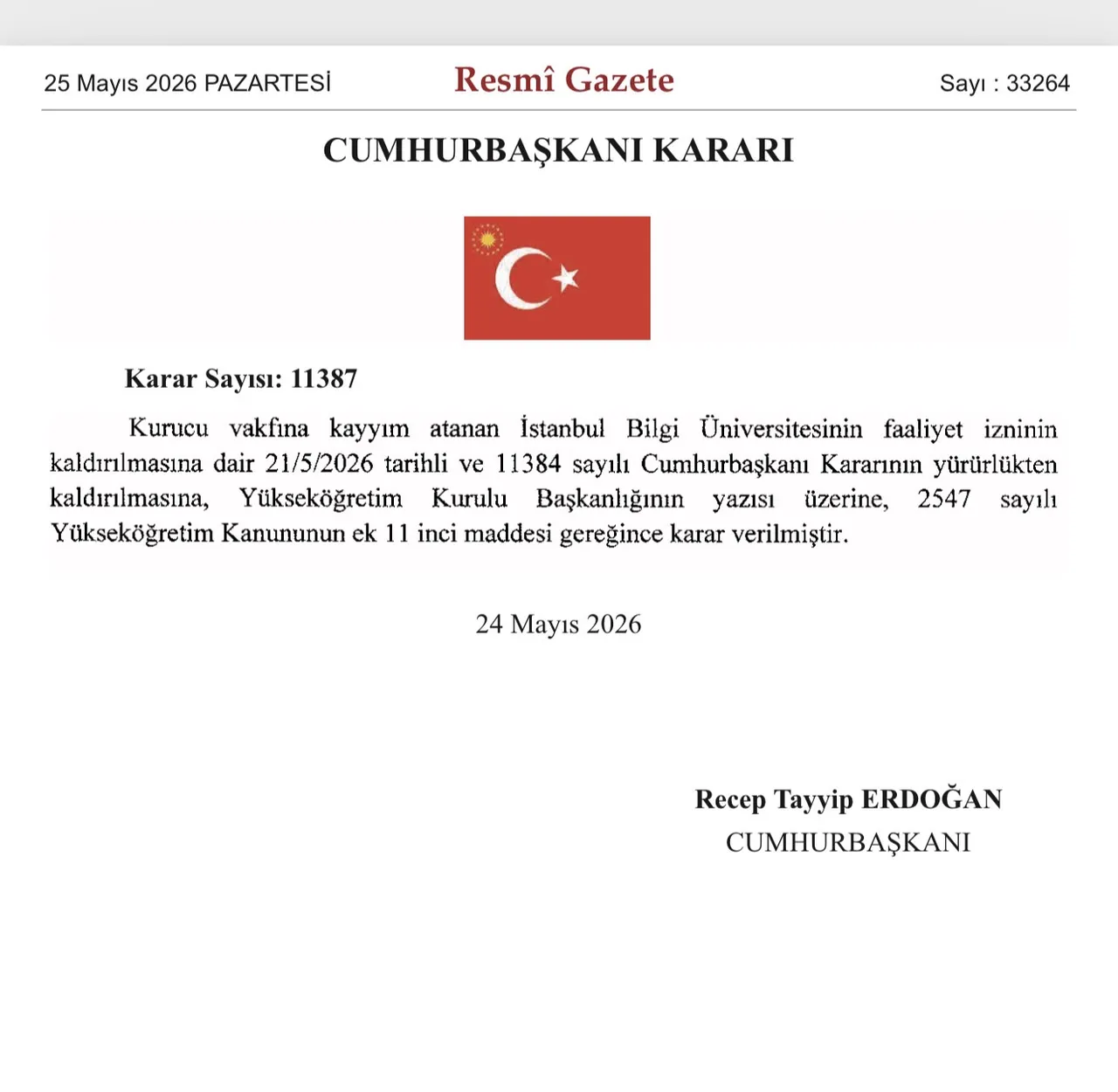 Resmi Gazete'de yayımlandı! Bilgi Üniversitesi kararı değişti
