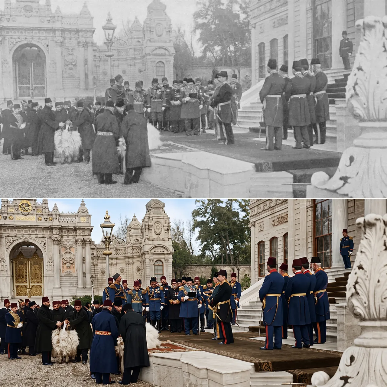 Dolmabahçe Sarayı bahçesinde padişahın huzurunda kurban merasimi - Yapay zeka ile renklendirilmiştir.