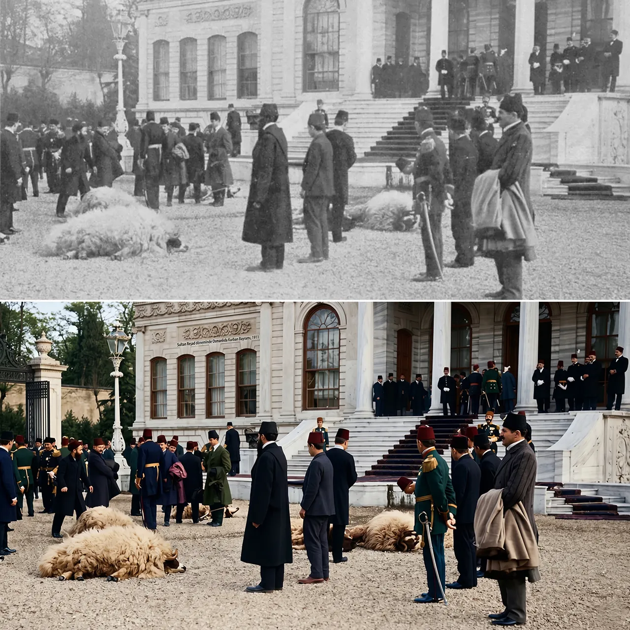 Dolmabahçe Sarayı bahçesinde padişahın huzurunda kurban merasimi - Yapay zeka ile renklendirilmiştir.