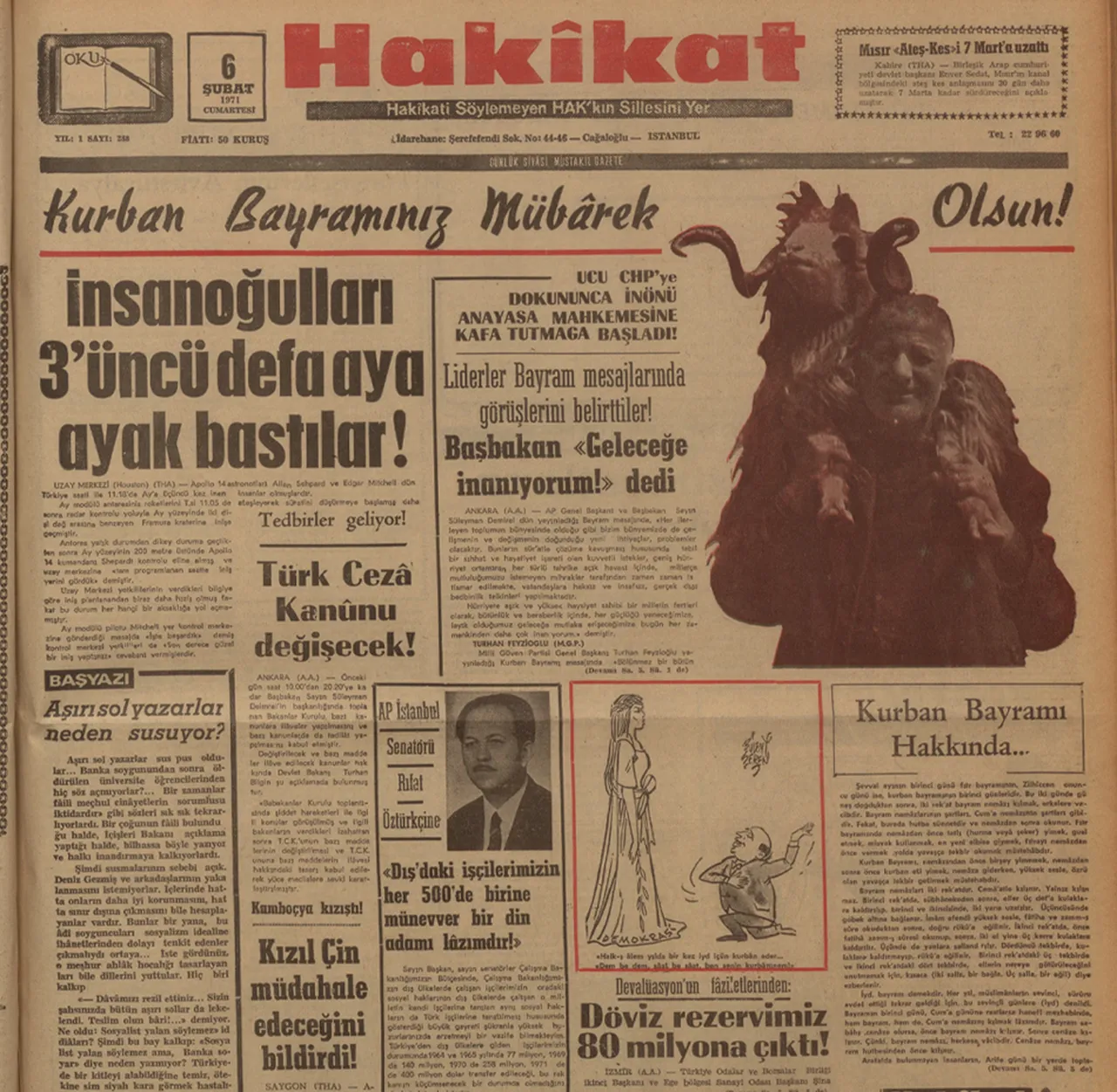 55 yıl önce Kurban Bayramı - 6 Şubat 1971 tarihli Hakikat gazetesi
