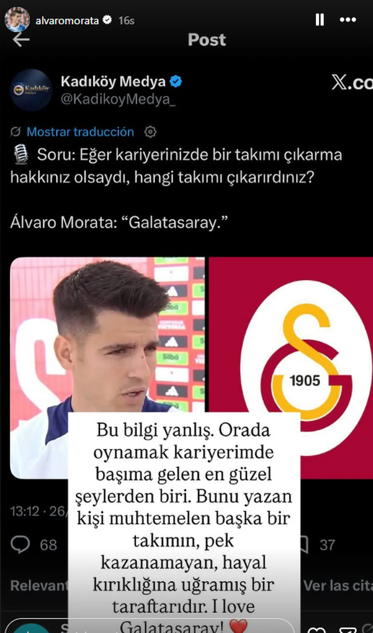 Morata'nın sosyal medya paylaşımı