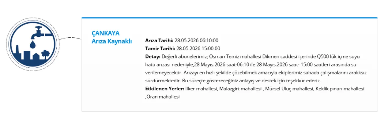 ASKİ su kesintisi listesi 28 Mayıs 2026! Ankarada sular ne zaman gelecek?