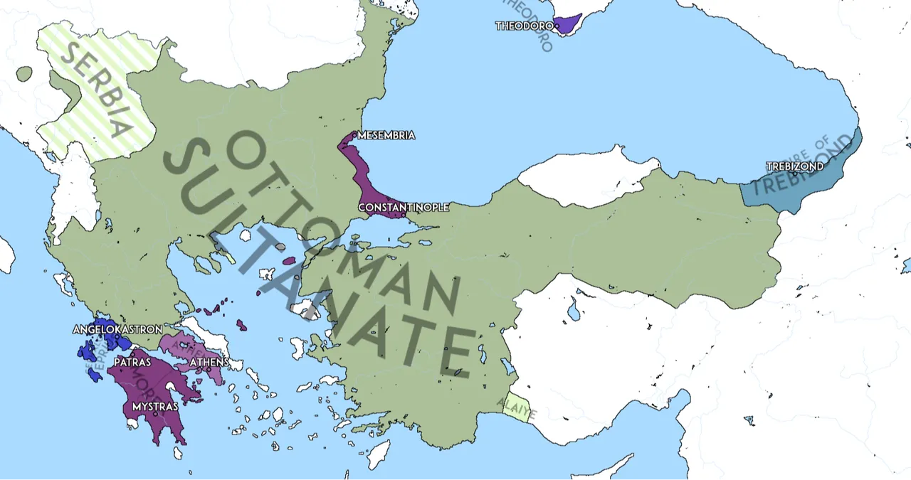 Nisan 1453'te, şehrin kuşatmasından hemen önce Osmanlı Devleti ve Bizans İmparatorluğu'nun sınırları. (Wikipedia
