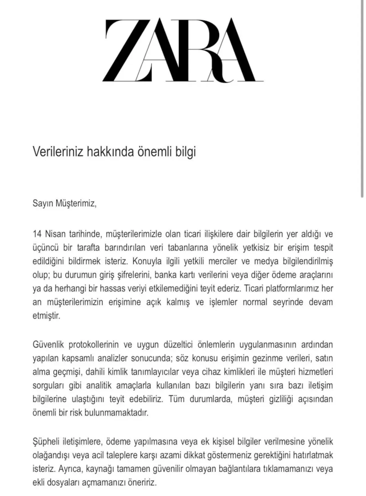 Şirket 14 Nisan'da müşterilerine bilgilendirmede bulunmuştu