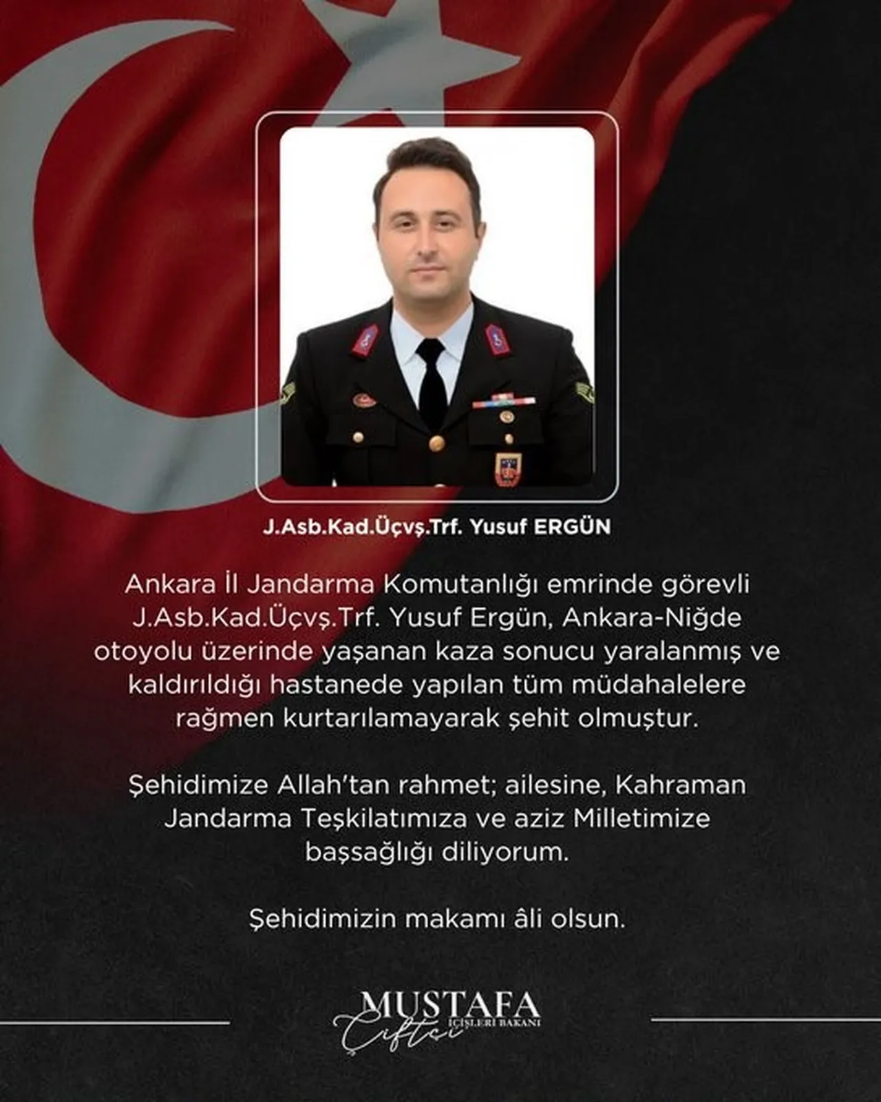 Acı haberi İçişleri Bakanı duyurdu: Jandarma Astsubay Üstçavuş Yusuf Ergün şehit oldu