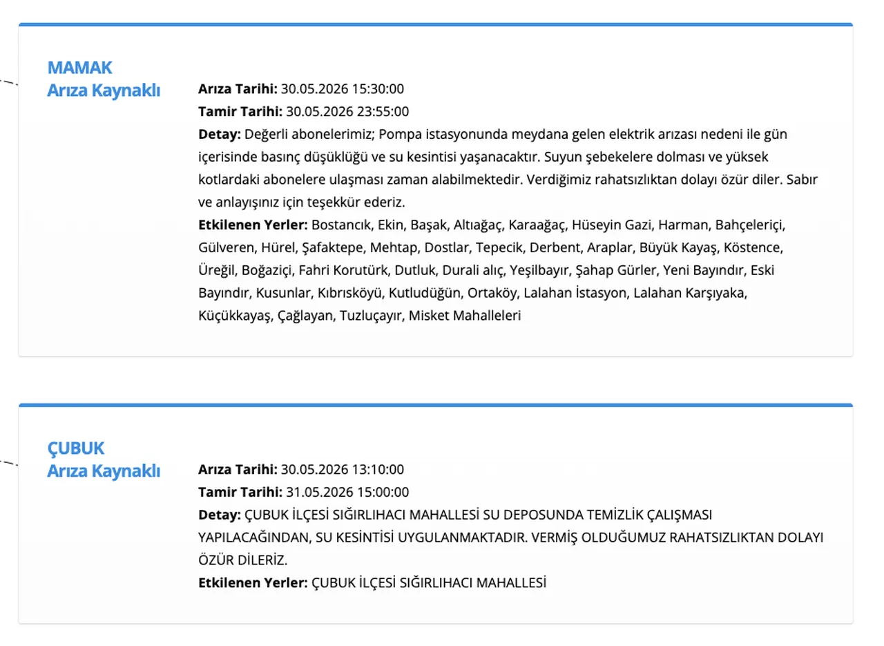 ASKİ su kesintisi 30-31 Mayıs 2026: (Çankaya, Polatlı, Mamak, Çubuk, Yenimahalle, Altındağ, Kazan) sular saat kaçta gelecek?