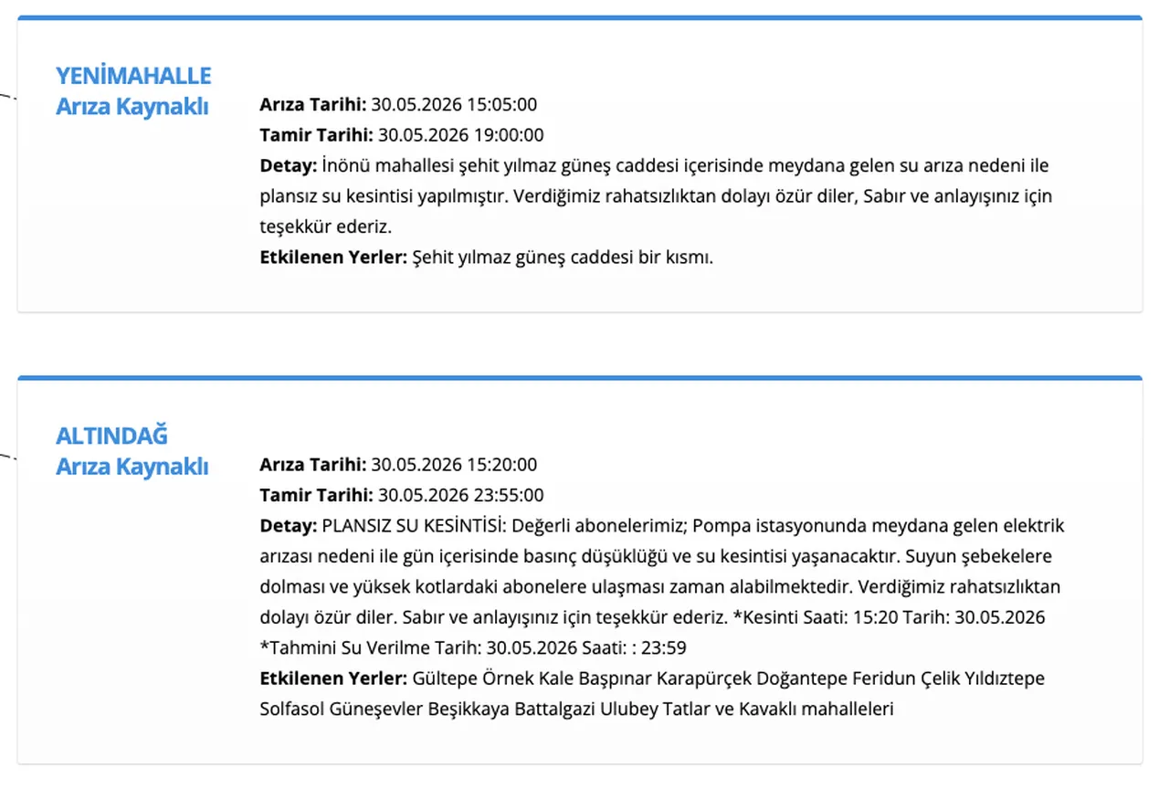 ASKİ su kesintisi 30-31 Mayıs 2026: (Çankaya, Polatlı, Mamak, Çubuk, Yenimahalle, Altındağ, Kazan) sular saat kaçta gelecek?