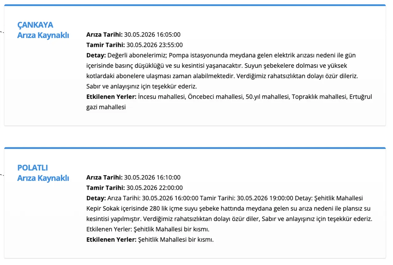 ASKİ su kesintisi 30-31 Mayıs 2026: (Çankaya, Polatlı, Mamak, Çubuk, Yenimahalle, Altındağ, Kazan) sular saat kaçta gelecek?
