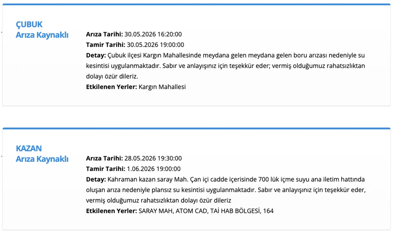 ASKİ su kesintisi 30-31 Mayıs 2026: (Çankaya, Polatlı, Mamak, Çubuk, Yenimahalle, Altındağ, Kazan) sular saat kaçta gelecek?
