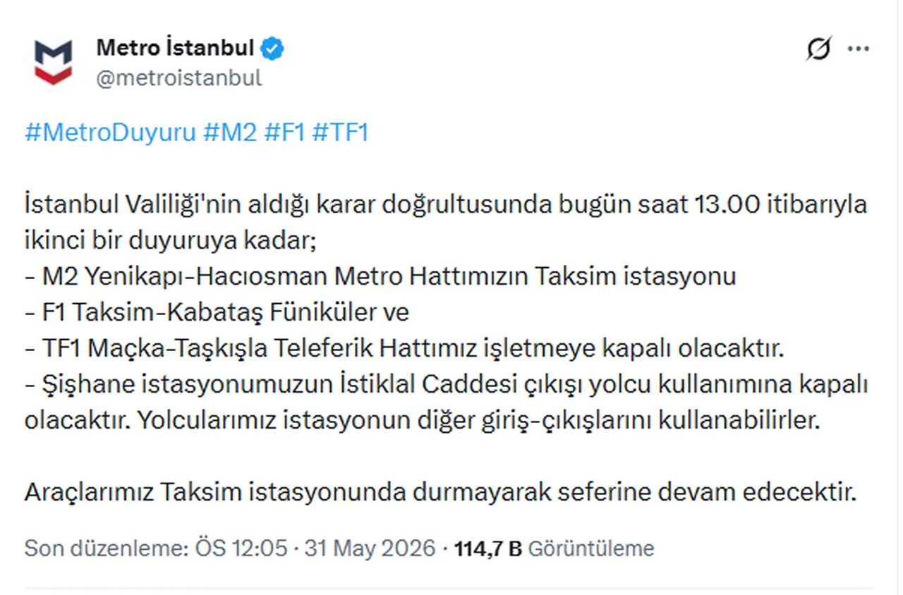 M2 Yenikapı-Hacıosman Metro Hattı (Taksim metrosu) kapalı mı, saat kaça kadar kapalı? Metro İstanbuldan açıklamah