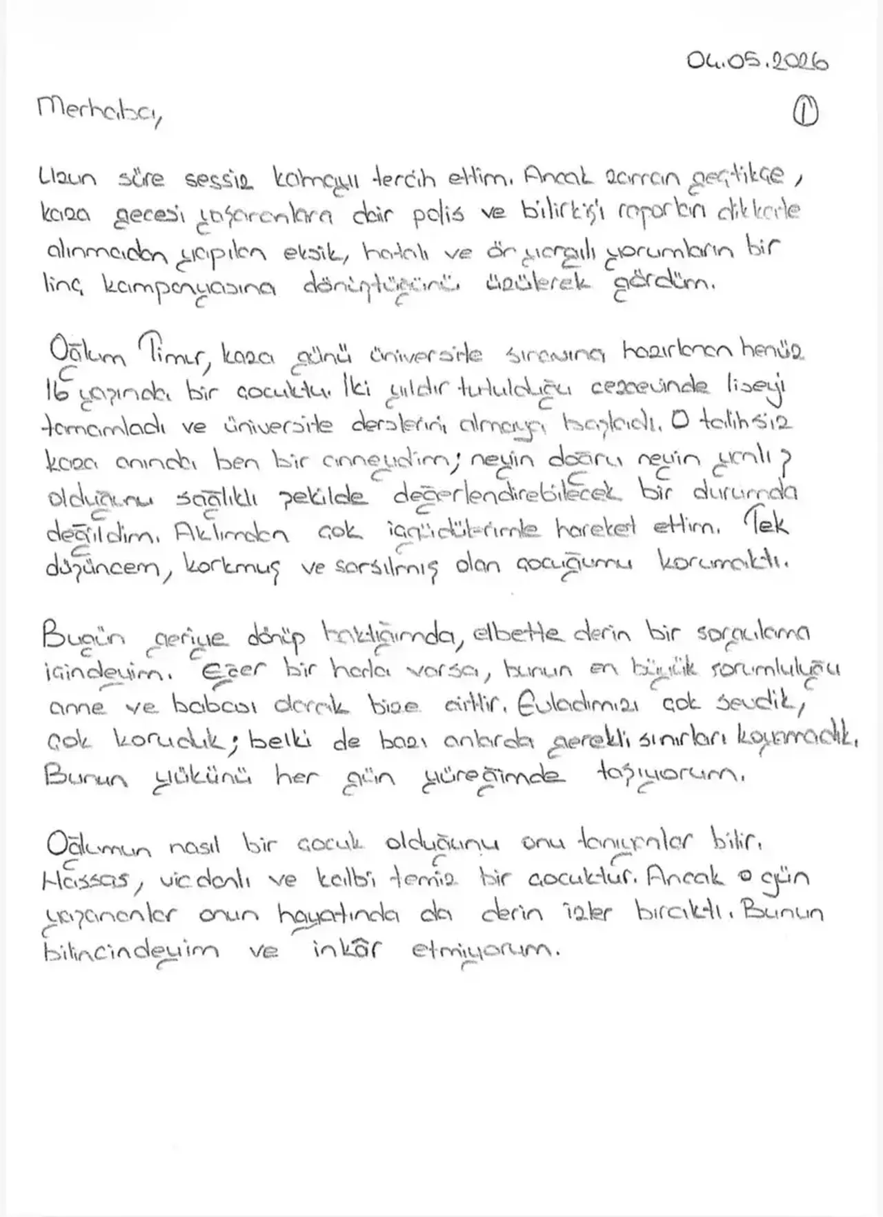 Eylem Tok'un yazdığı mektup