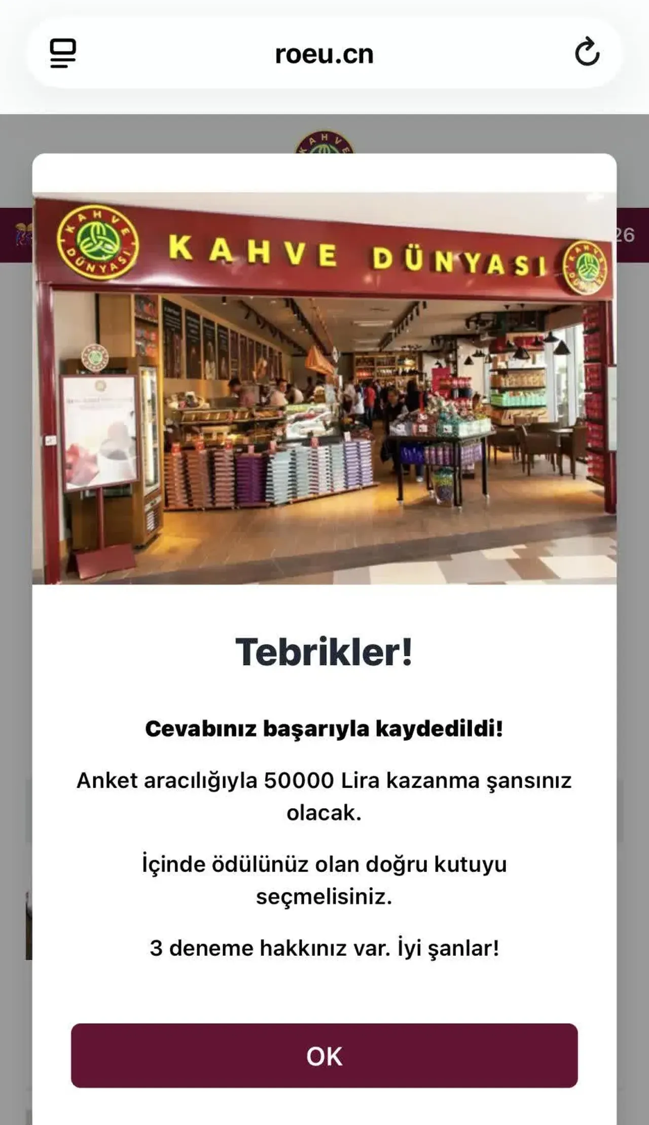 WhatsApptan yayılıyor:  50.000 TL ödüllü  dolandırıcılık girişimi! Kahve Dünyası Anneler Günü tuzağına sakın düşmeyin — #ŞikayetHattı