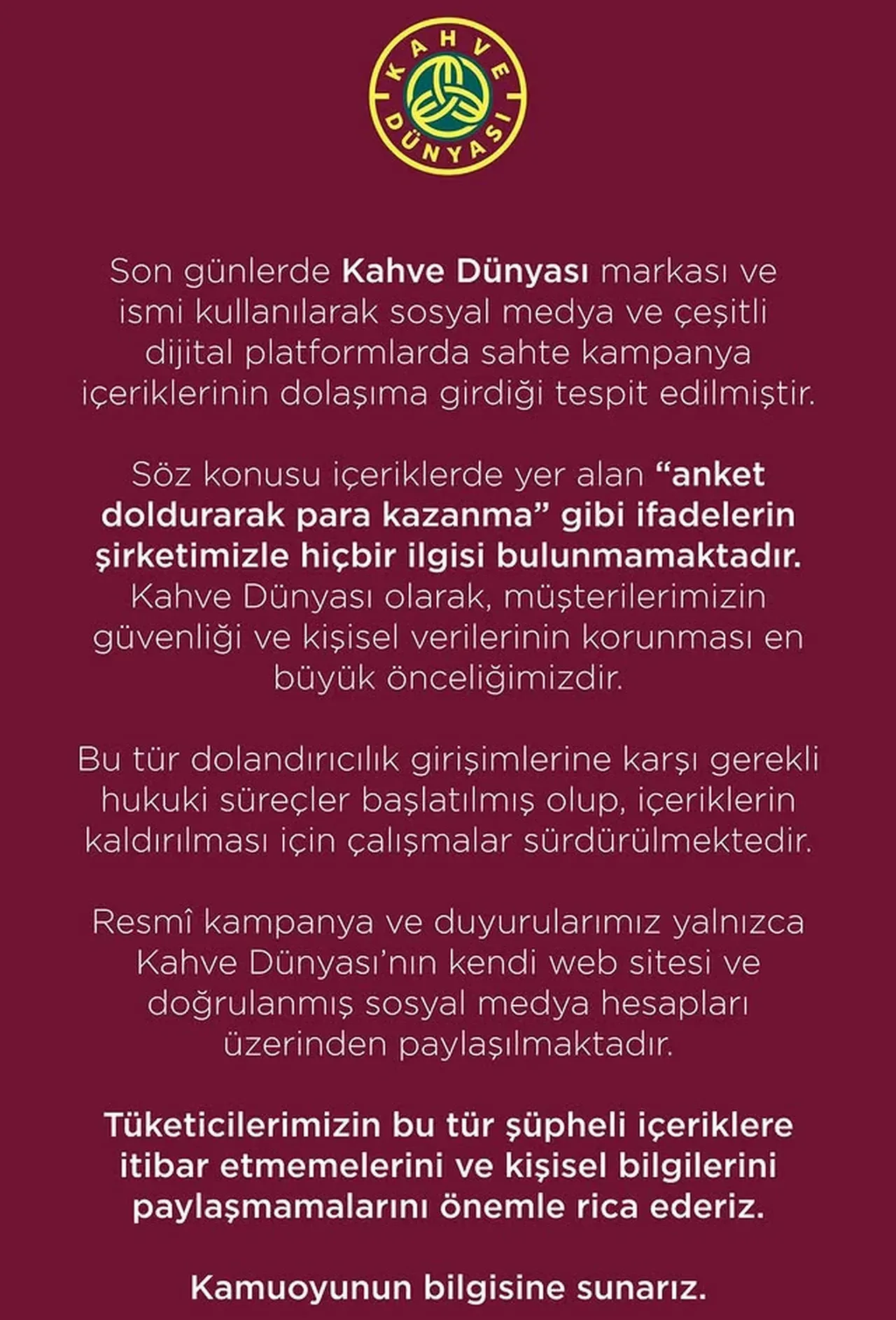 Kahve Dünyası'nın resmi açıklaması