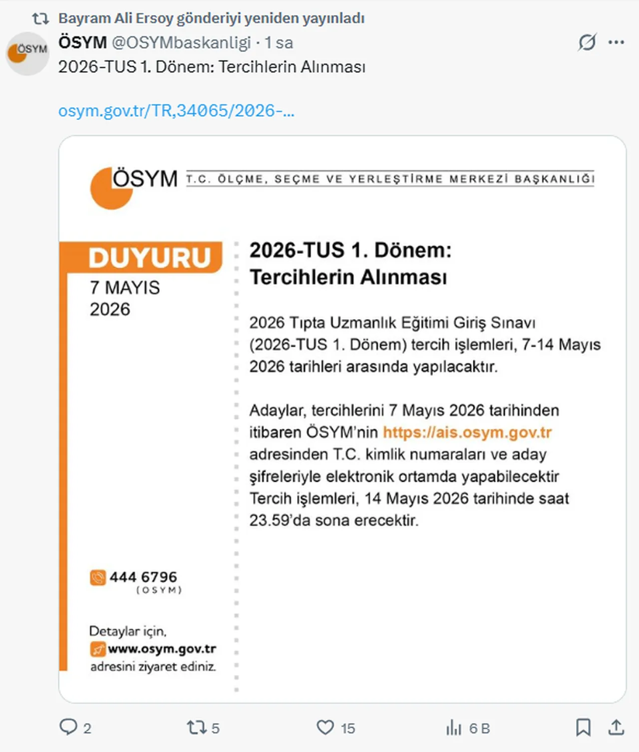 TUS 2026 tercihleri başladı (ÖSYM TUS tercih kılavuzu ve tarihlerini paylaştı)