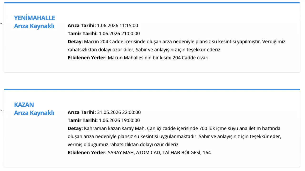 ASKİ su kesintisi 1 Haziran 2026: Ankara Yenimahalle ve Kazanda sular saat kaçta gelecek?