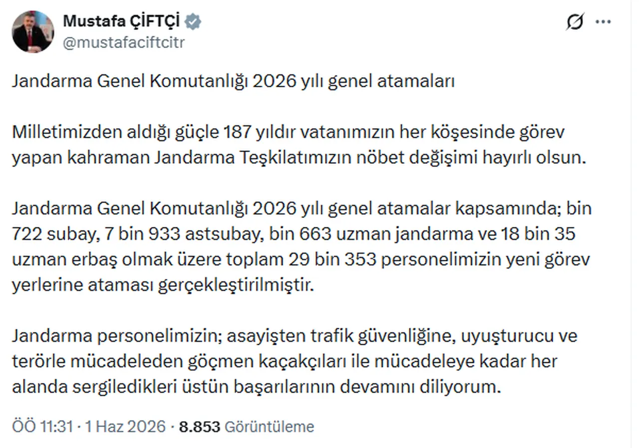 Jandarma Genel Komutanlığı 2026 (subay-astsubay-erbaş) atama sonuçları açıklandı! 29 Bin 353 personelin görev yeri değişti